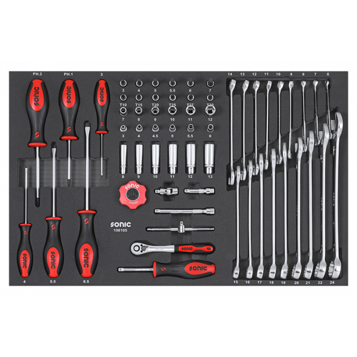 Sonic 106105 Doppenset 1/4'' met sleutels en schroevendraaiers, 61-dlg. SFS Handgereedschap Gereedschapdeal